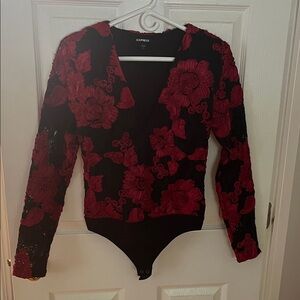 Express Black and Red Lace Floral Bodysuit